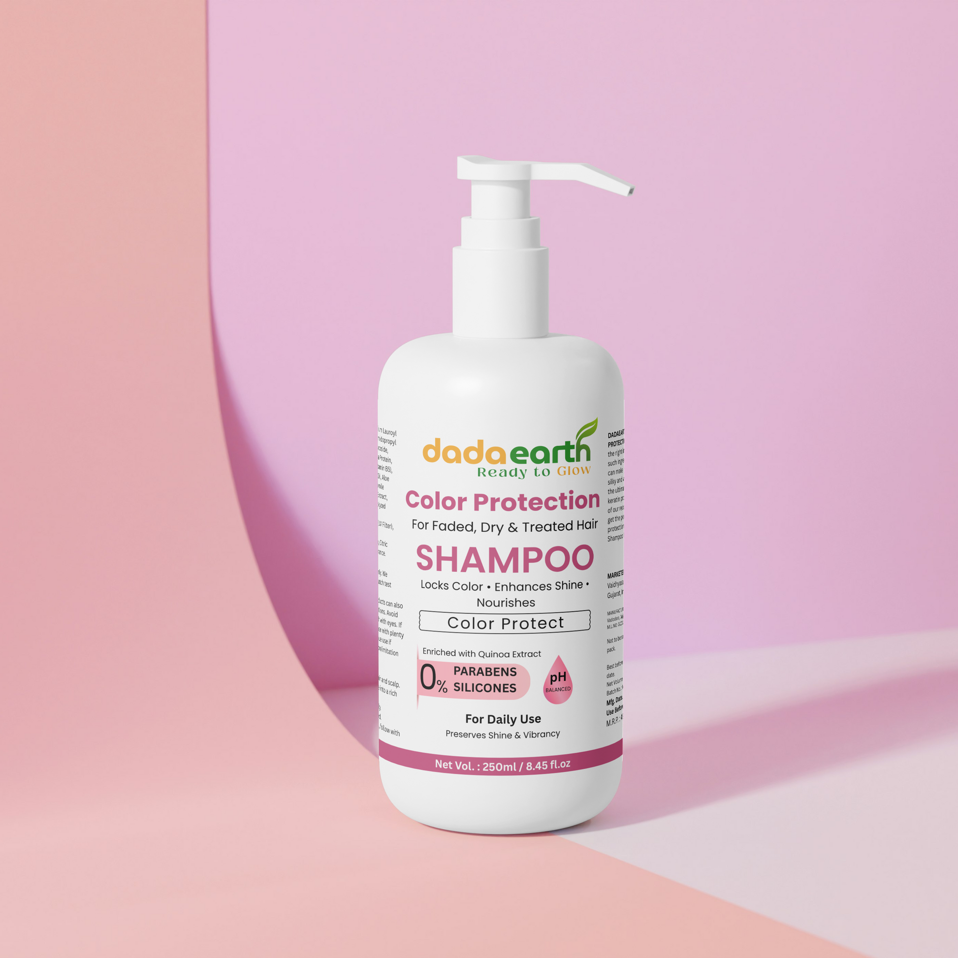 DADAEARTH Color Protection Shampoo bottle with pump on a curved pink background