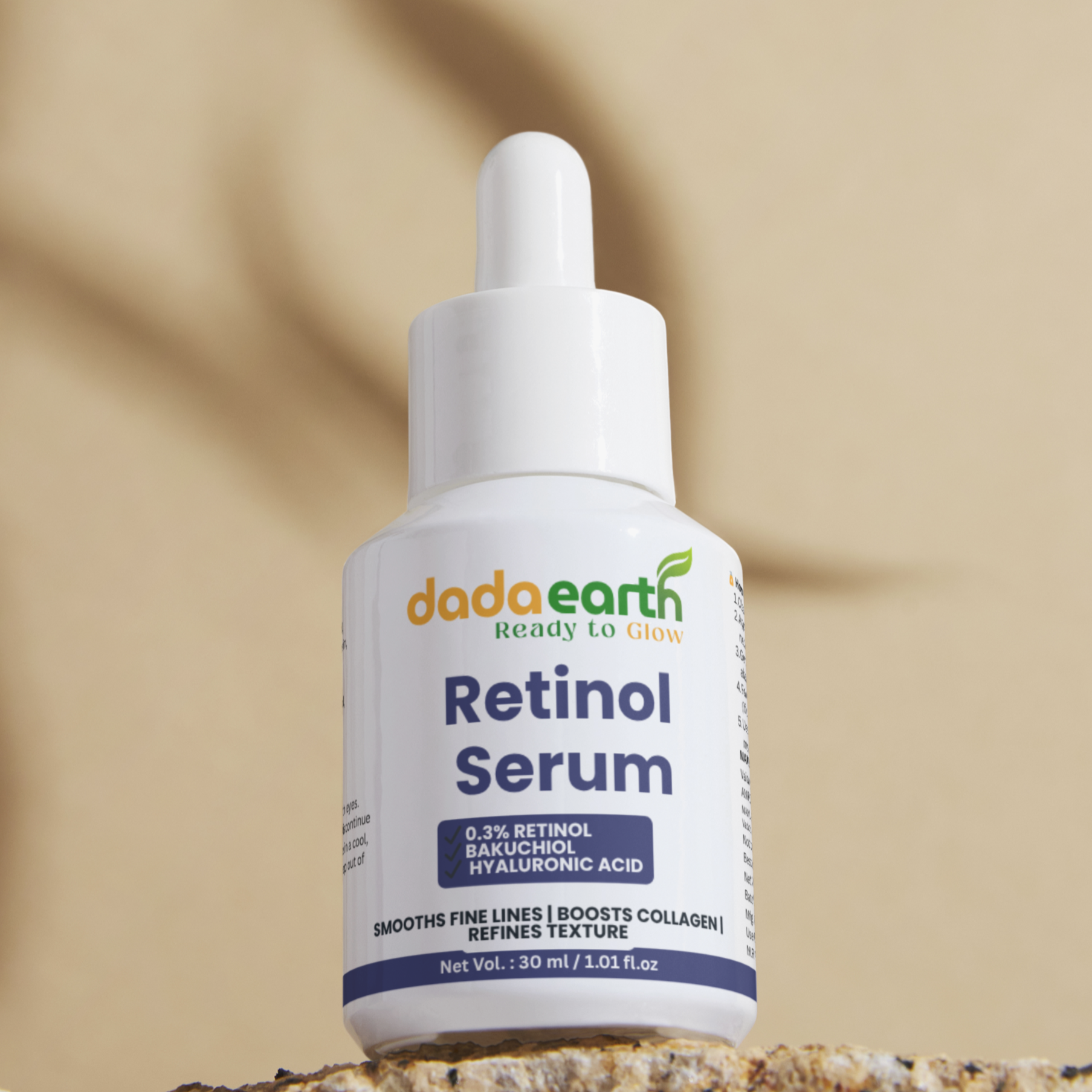 DadaEarth Retinol Serum bottle on a stone surface with a beige background
