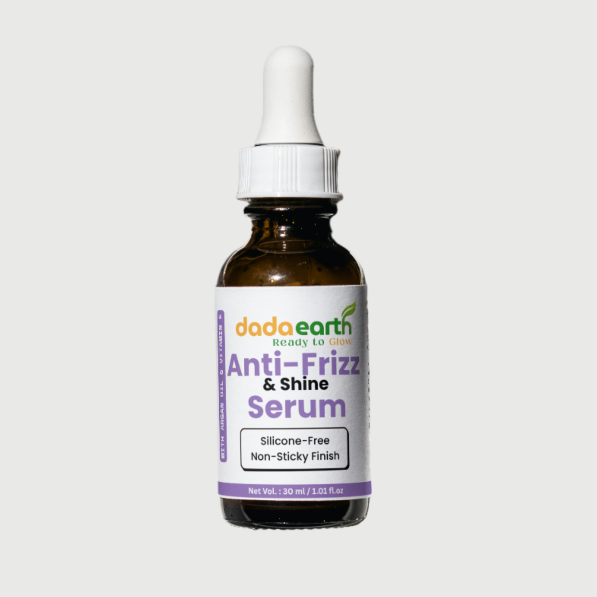 Dada Earth Anti-Frizz & Shine Hair Serum bottle on white background for smooth and glossy hair