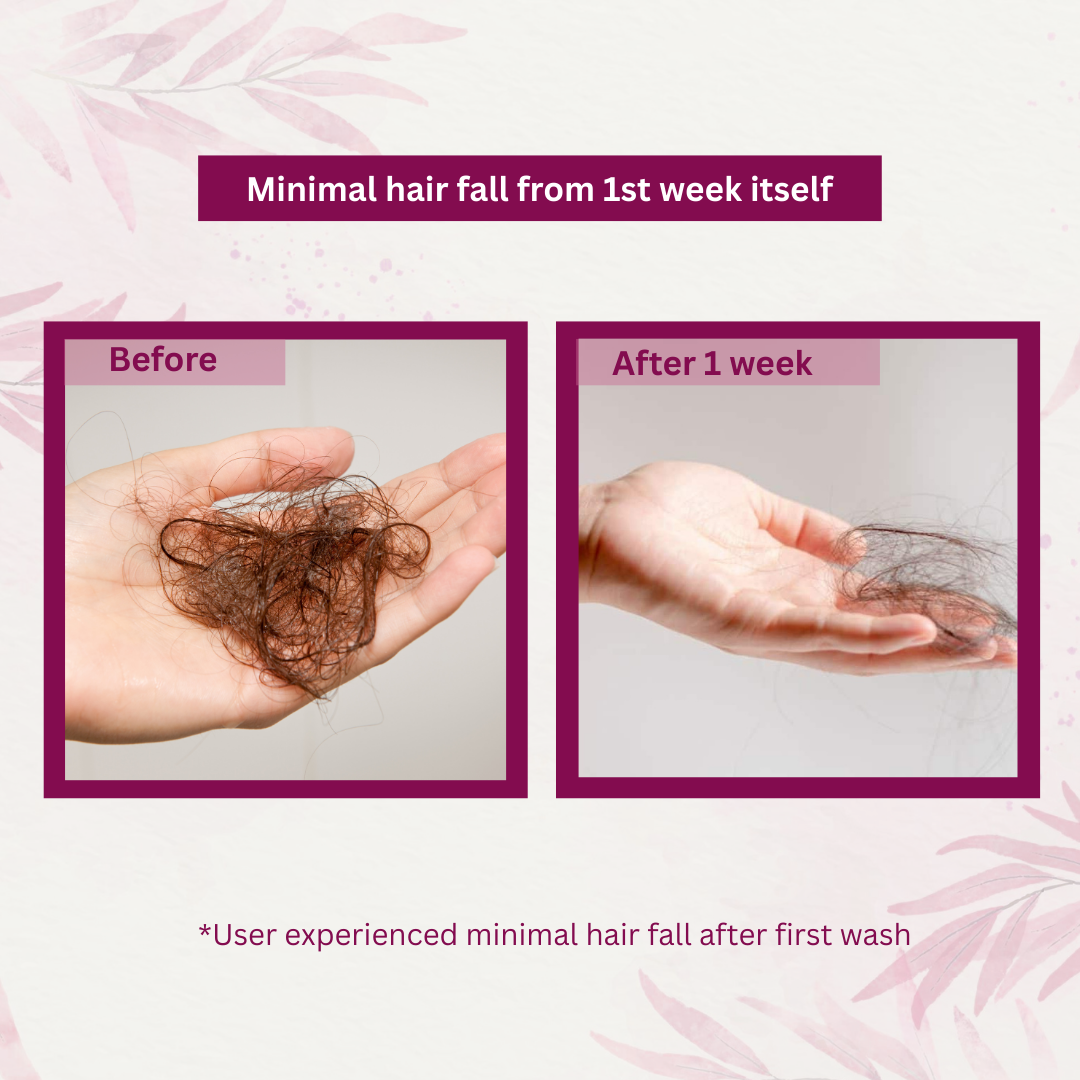 Before and after results showing reduced hair fall and thicker hair using Dada Earth Anti-Hair Fall Shampoo