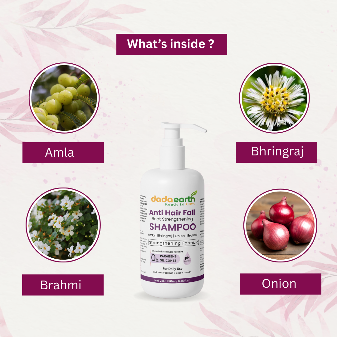 Anti-Hair Fall Shampoo with natural ingredients like onion, amla, and biotin for stronger roots