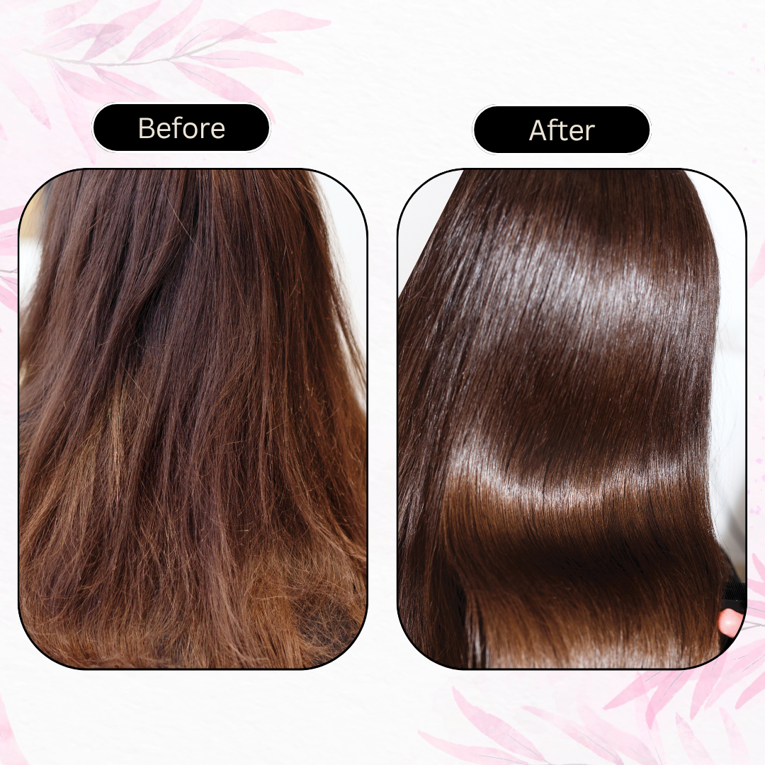 Before and after comparison of hair treated with DADAEARTH Color Protection Shampoo showing enhanced smoothness and shine