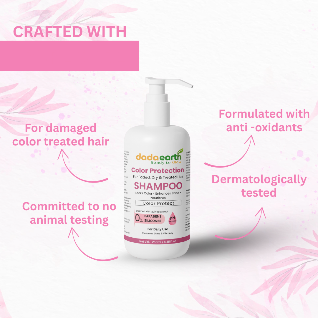 DADAEARTH Color Protection Shampoo bottle with feature highlights like antioxidant formula and no animal testing on a pink floral background