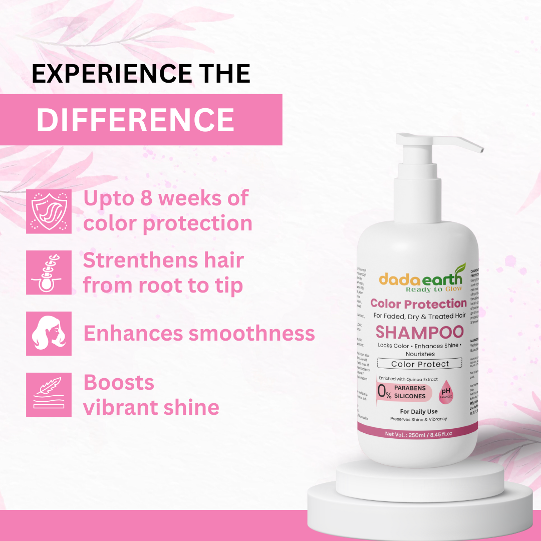 DADAEARTH Color Protection Shampoo bottle with key benefits listed on a pink and white background