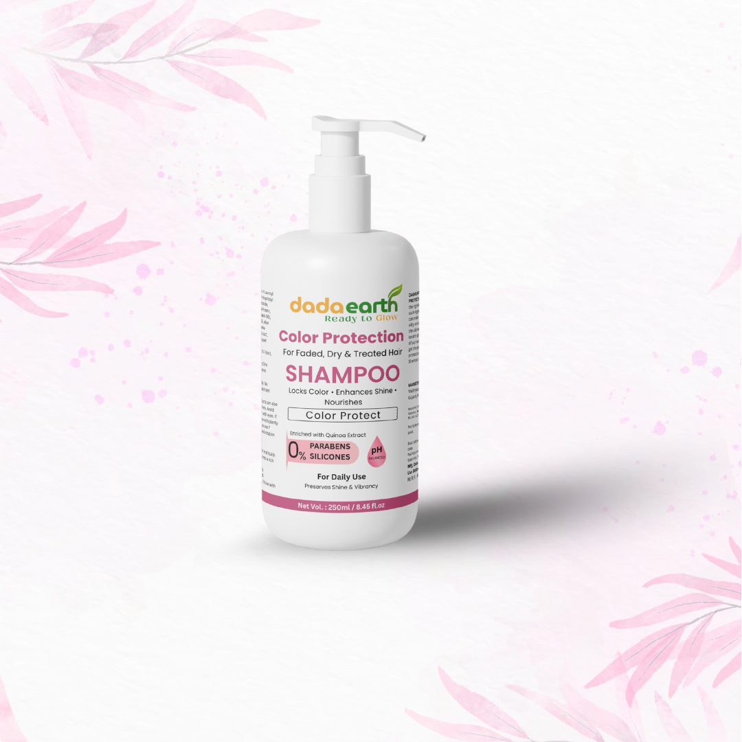 DADAEARTH Color Protection Shampoo bottle on a soft pink floral background with shadows