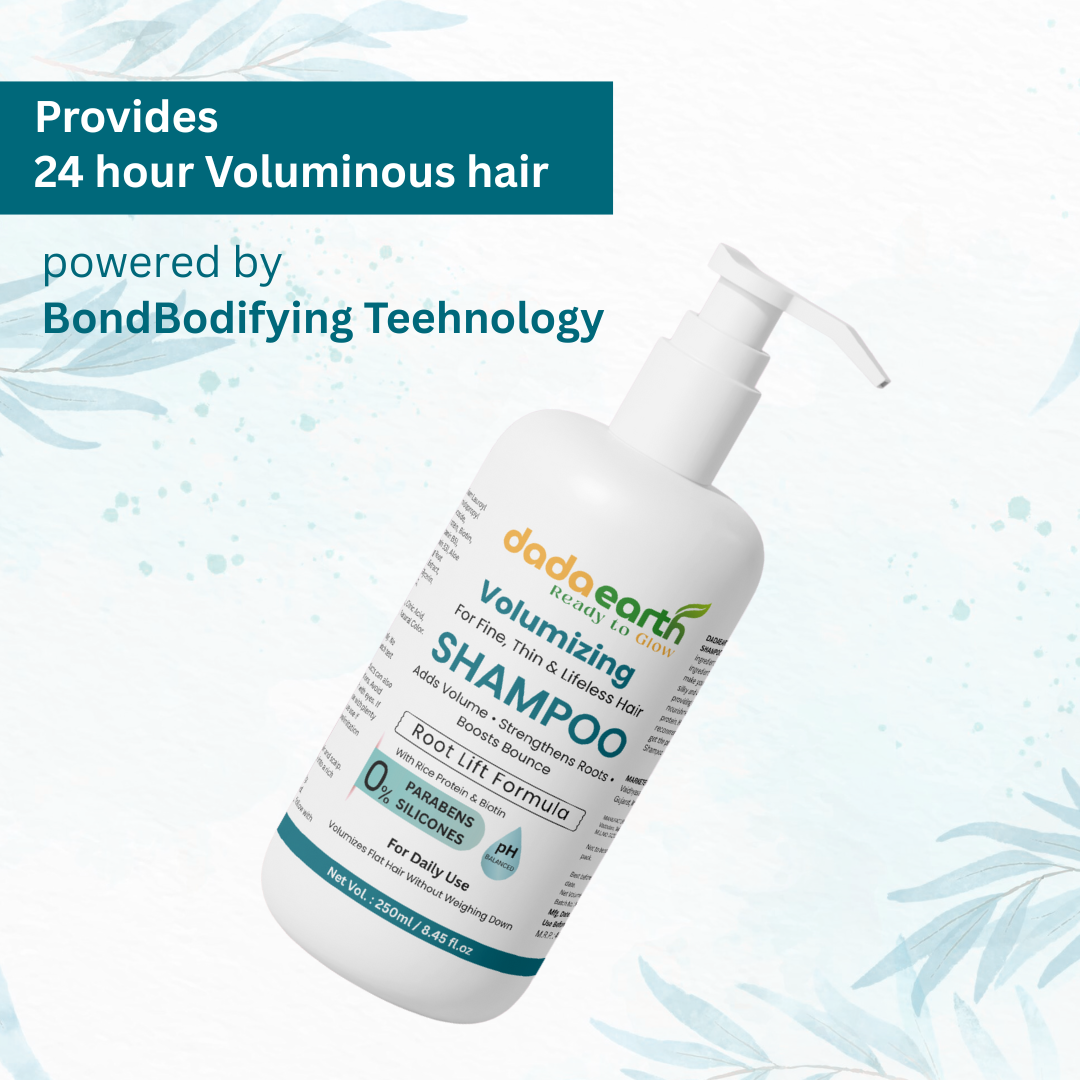 Dadaearth Volumizing Shampoo bottle with text about 24-hour voluminous hair and BondBodifying technology on a light blue background
