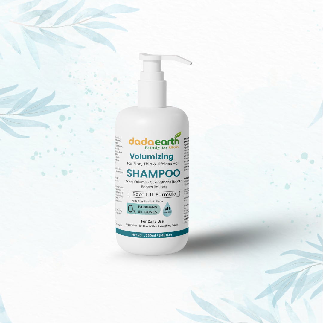 Dadaearth Volumizing Shampoo bottle front view for fine and limp hair, with clean light blue leaf pattern background