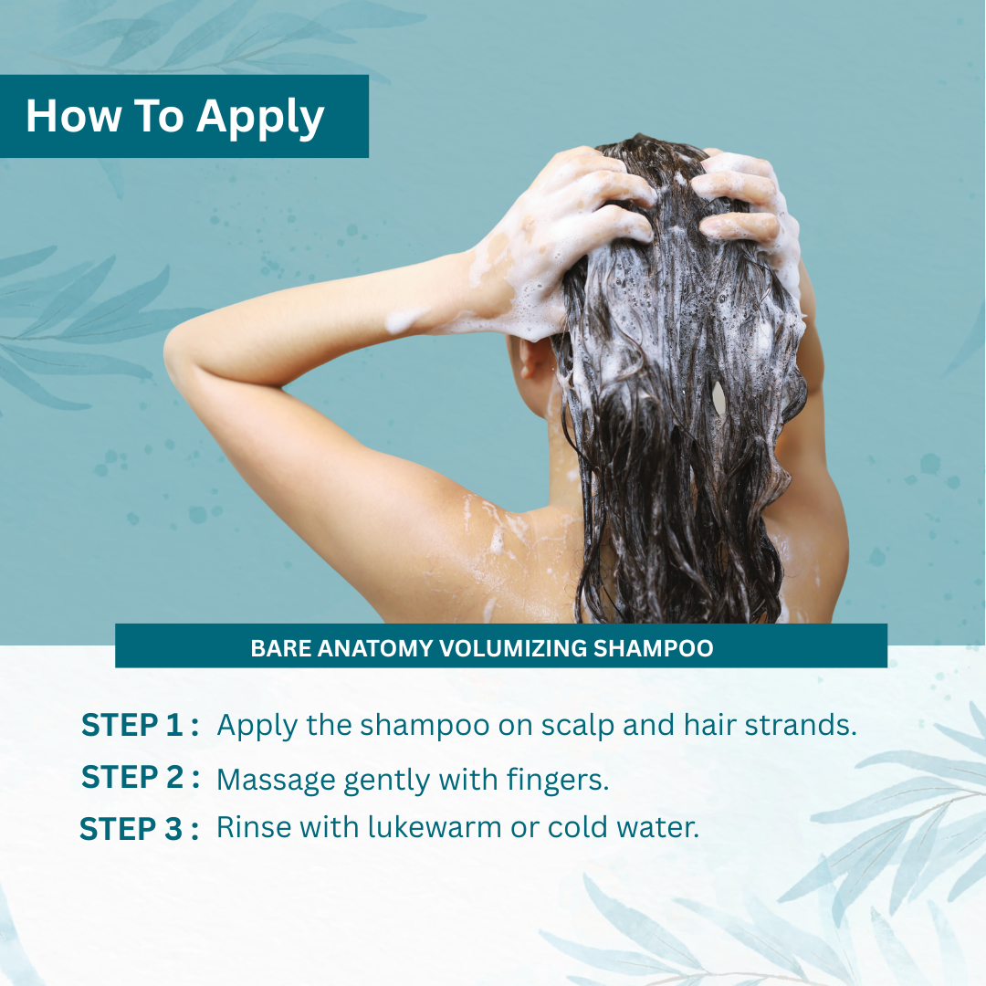 Person applying Dadaearth Volumizing Shampoo with step-by-step instructions on how to use the product