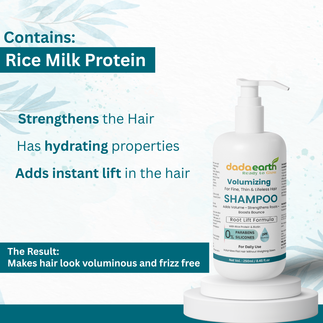 Dadaearth Volumizing Shampoo bottle with rice milk protein benefits highlighted, including hydration, strength, and instant lift, on a clean white background