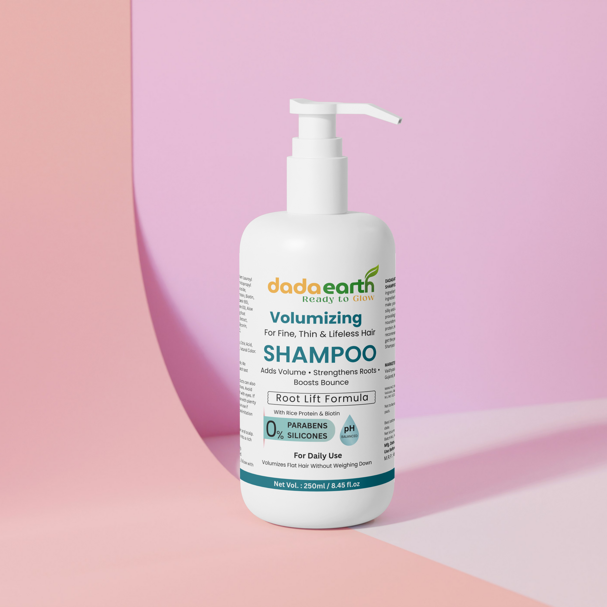 Dadaearth Volumizing Shampoo for thin and flat hair with root lift formula on a pink background