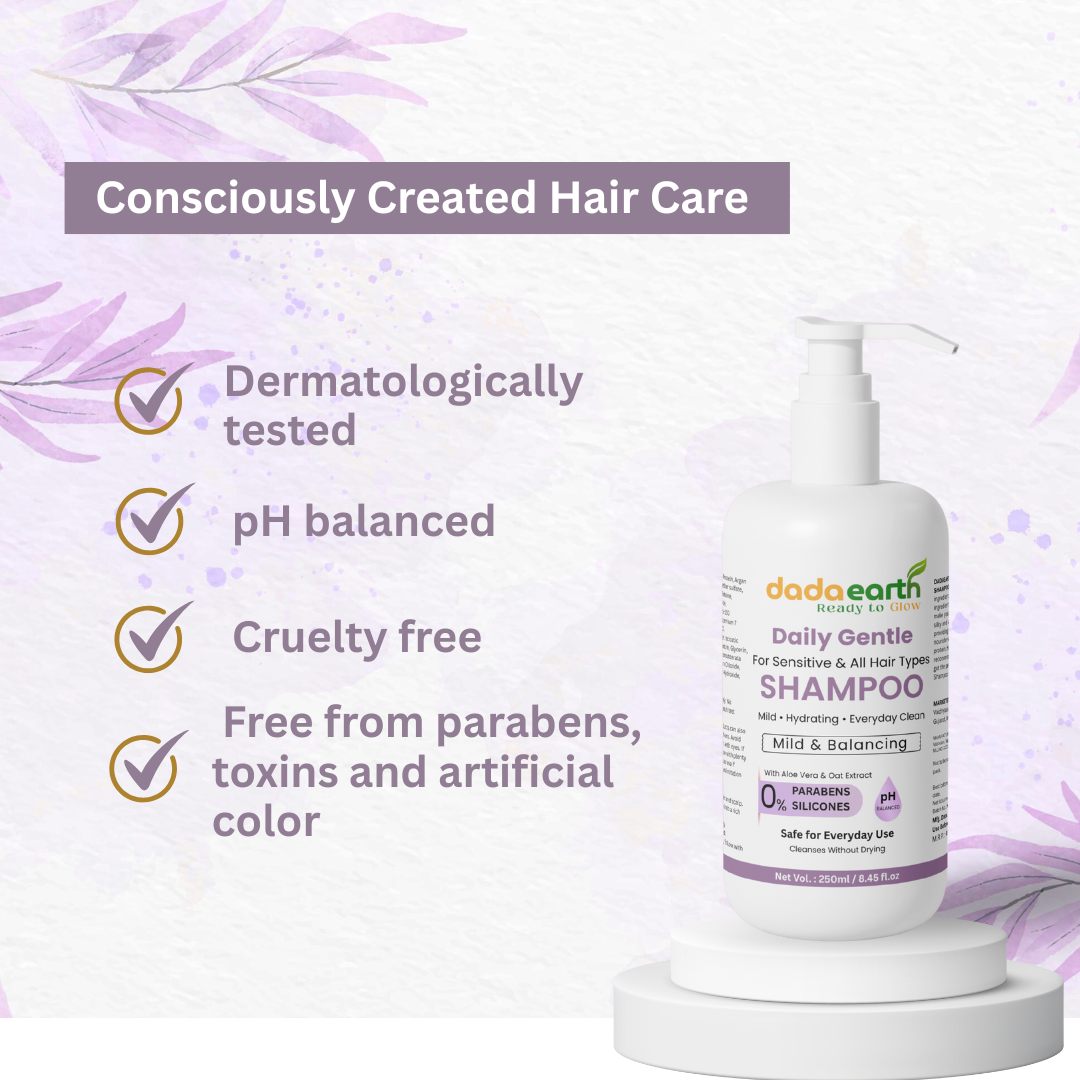 Dada Earth Daily Gentle Shampoo with features like pH balanced, cruelty-free, and toxin-free on a purple floral background