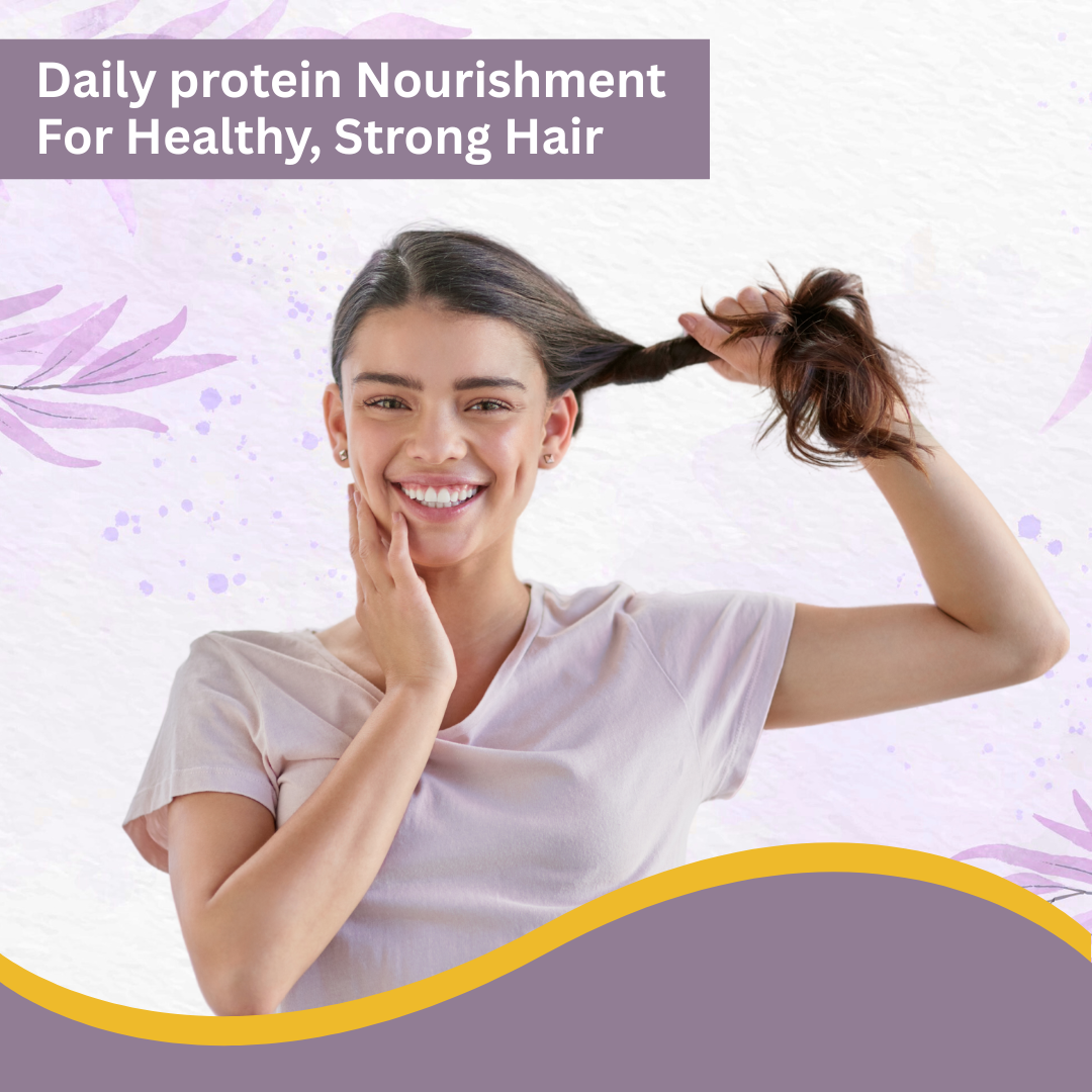 Woman showing soft, healthy hair with text about Daily Gentle Shampoo for sensitive scalp care