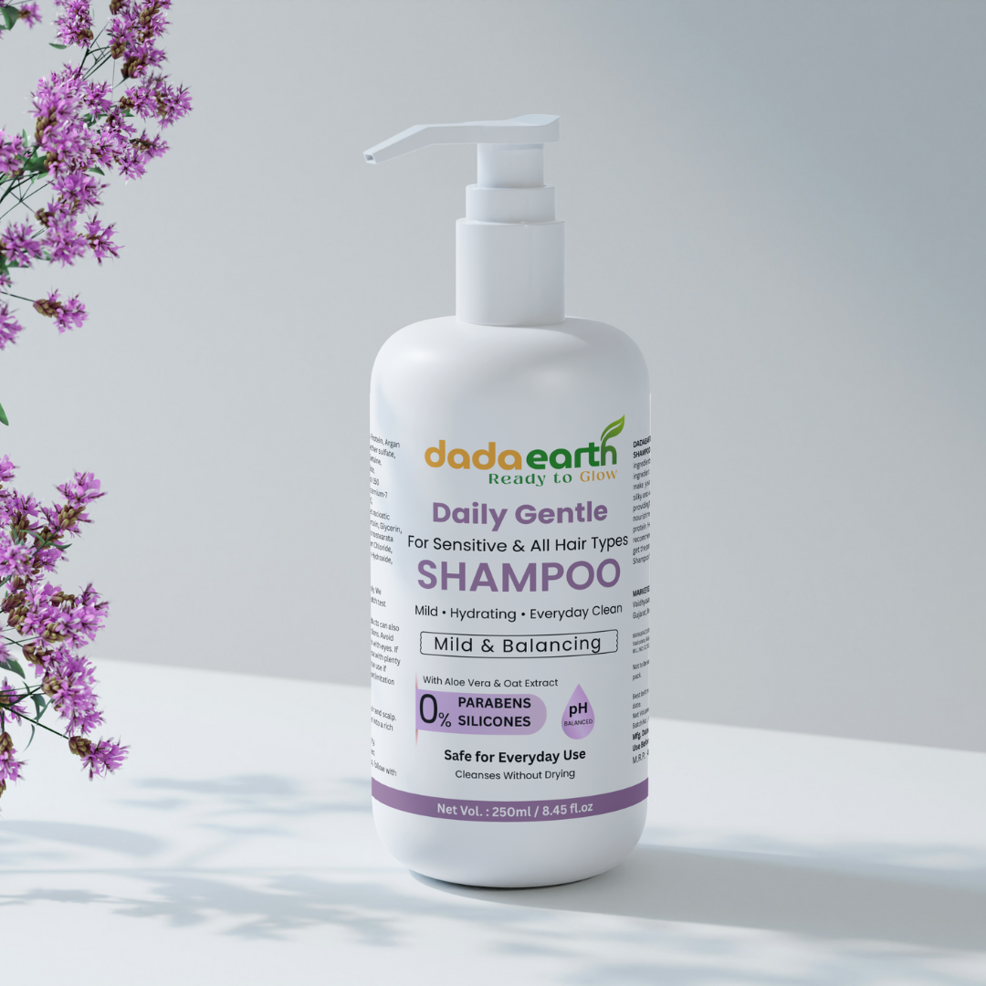 Dada Earth Daily Gentle Shampoo bottle on a soft light background with floral side elements