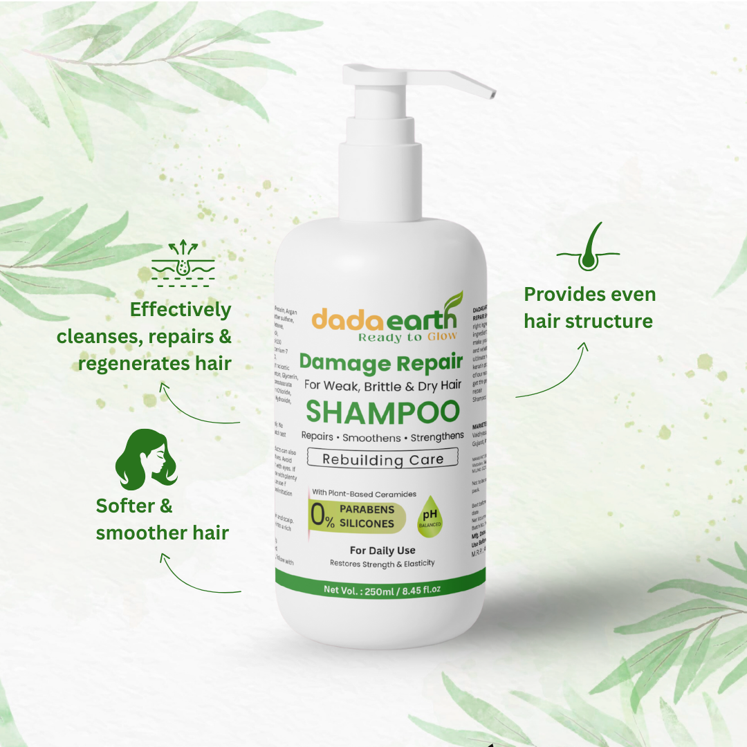 Benefits of Damage Repair Shampoo including frizz control, split end repair, and shine boost