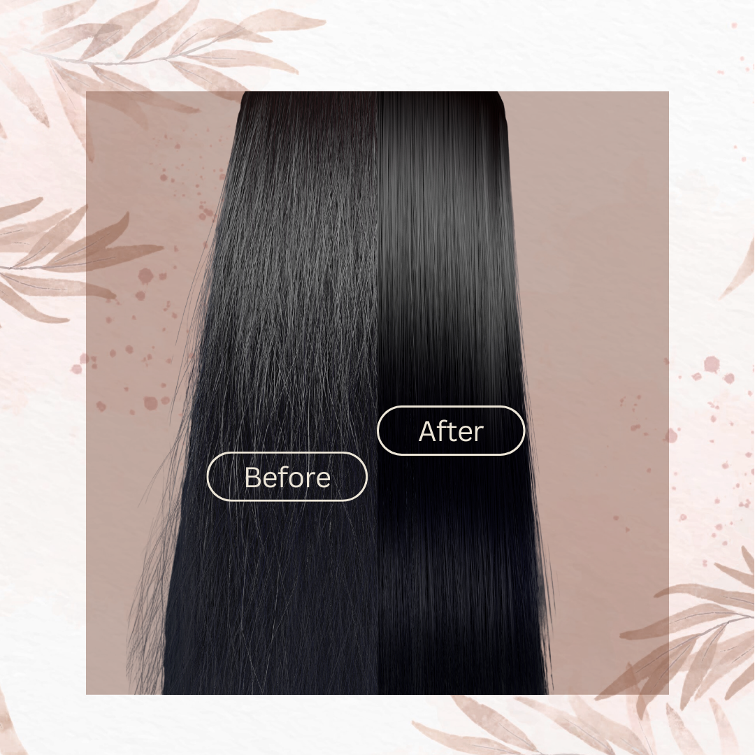 Before and after results showing smoother, shinier, frizz-free hair