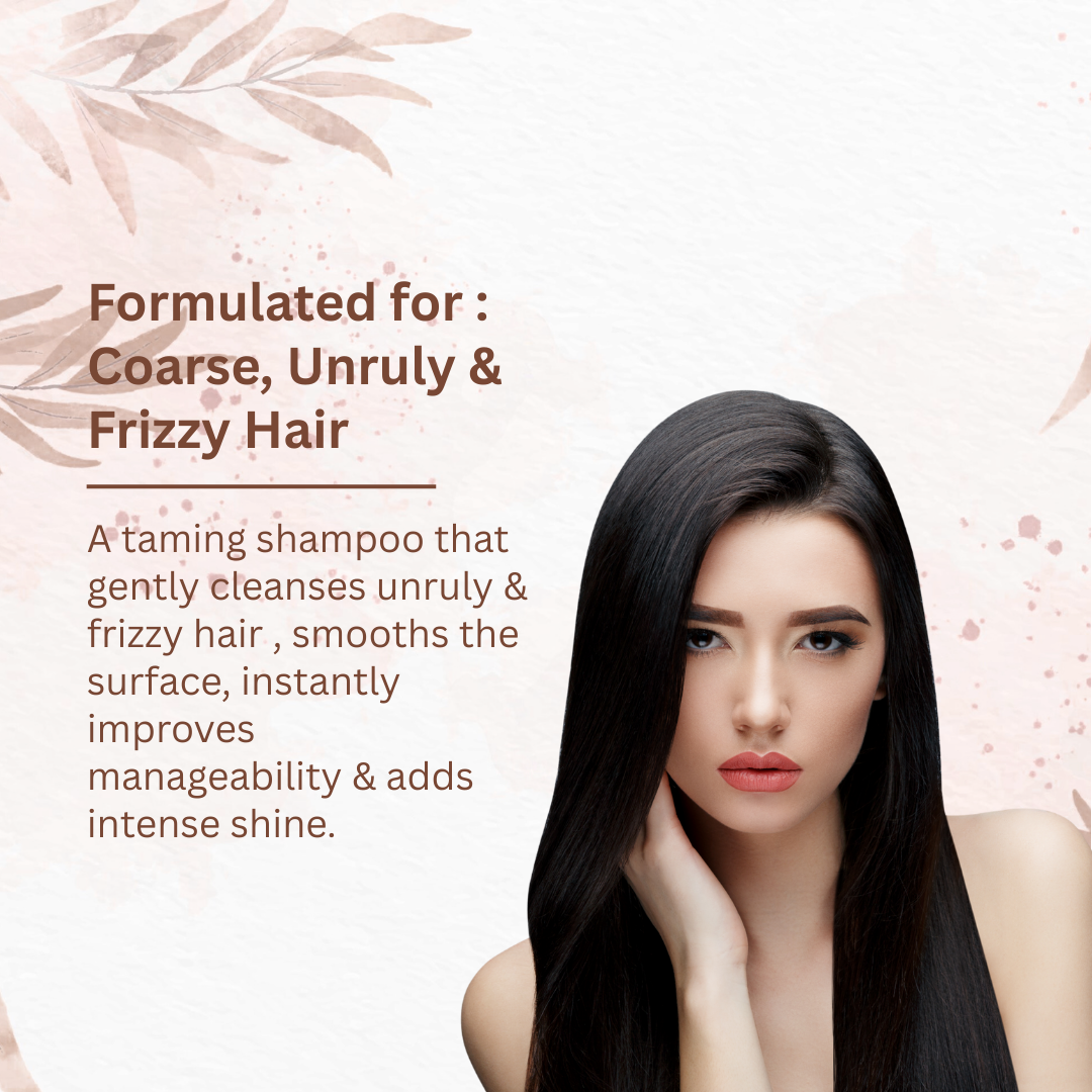 Woman with long, straight hair against a light background with text about a taming shampoo.