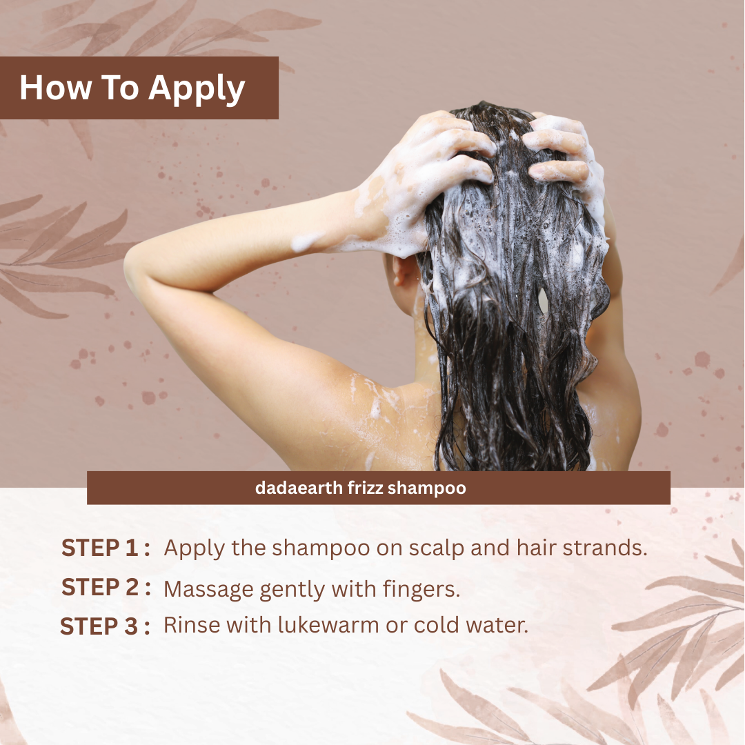 Person applying dadaearth frizz shampoo with text on how to use it.